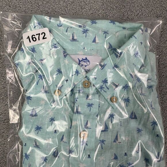 Southern Tide Shirt Mens Medium Seascape Print Linen Blend Hawaiian Resort Vaca - Picture 10 of 10
